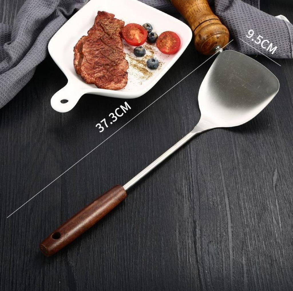 Stainless Steel Kitchen Spatula & Soup Ladle with Wooden Heat Resistant Handle
