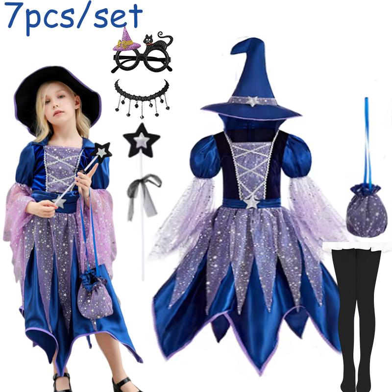 Halloween Party Costumes Witch Dress for Girls Kids Cosplay Carnival Witch Costume Pumpkin Dress Up With Bag Hat Wand Clothing