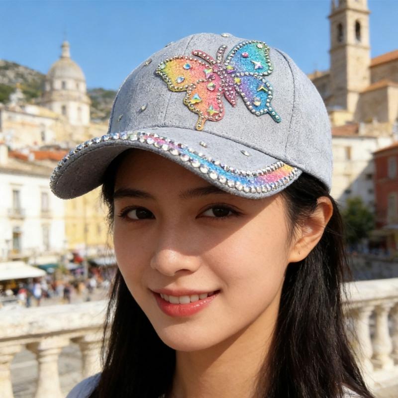 Modern Rivet Studded Baseball Cap With Rhinestones Butterfly Detail Adjustable Long Brims Sun Hat For Women Daily Outfit