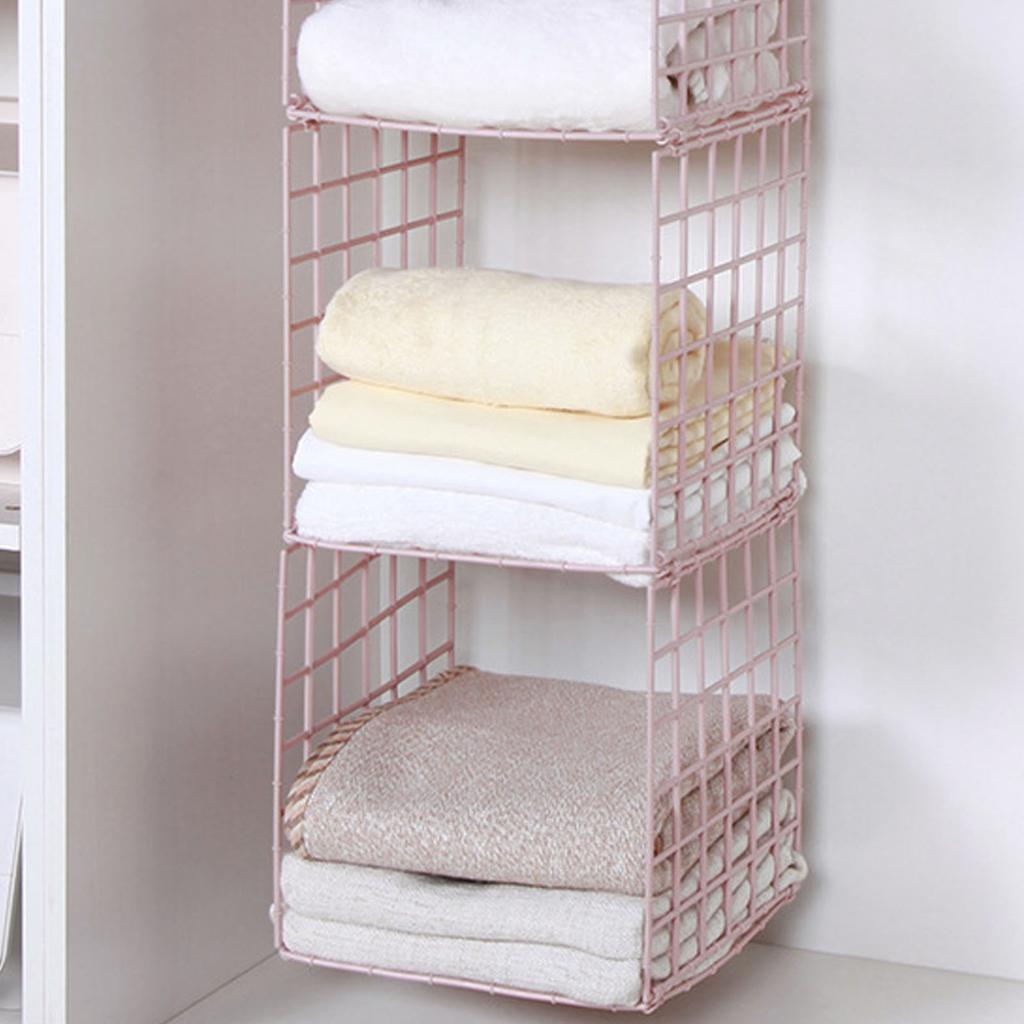 Hanging Closet Organizer 3 Tier Pink Storage Shelf Minimalist Grid Plastic Cloth Shelf for Bedroom Dormitory Apartment