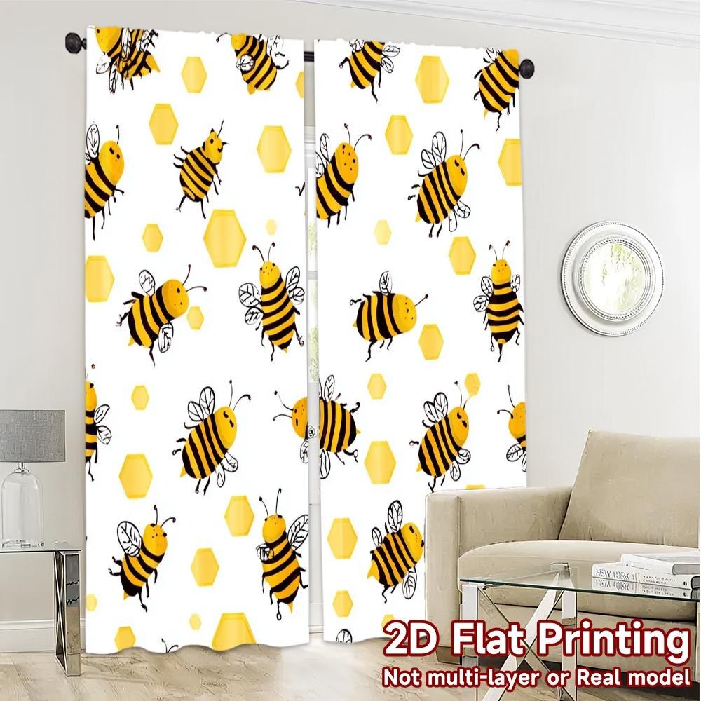 Set aus 2 flachen Druckvorhängen ohne Stange Beepattern Schicke Vorhänge Vielseitig Langlebig Polyester Heimdekoration Vorhang
