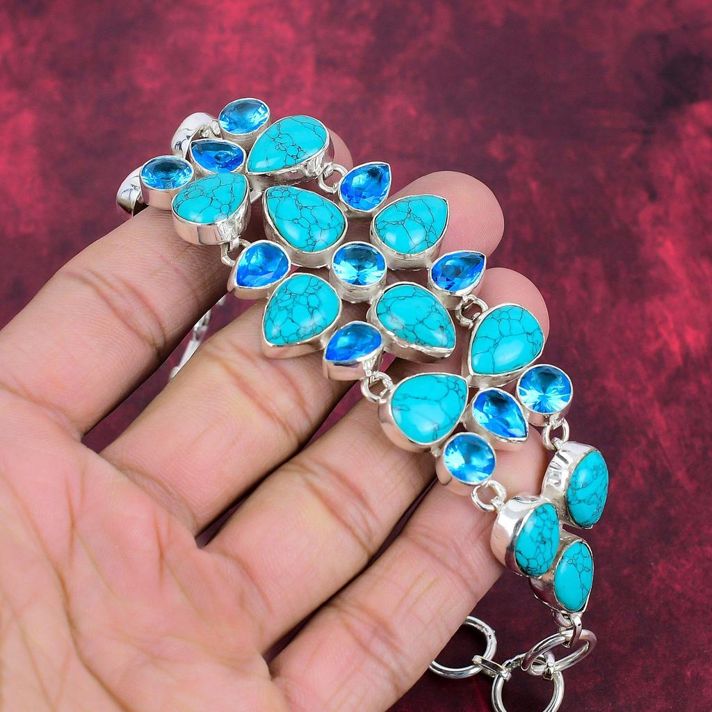 Santa Rosa Turquoise, Blue Topaz 925 Solid Sterling Silver Bracelet, Handmade Gemstone Bracelet Jewelry, Gifts For Wife Brand New Bracelet