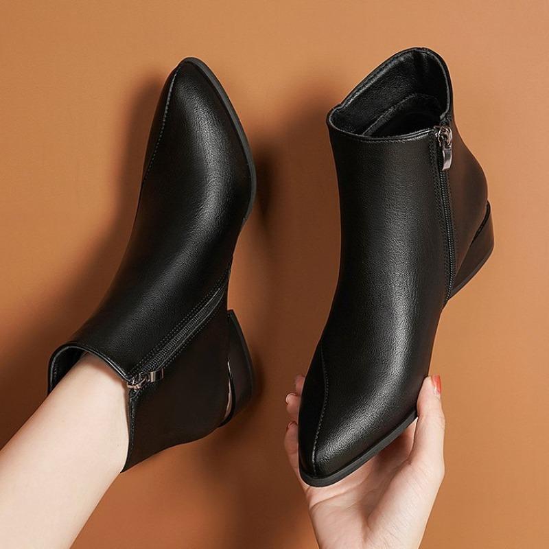 Autumn and Winter New Versatile Small Short Boots Women's Thick Heel Soft Sole Medium Cotton Shoes Soft Leather Medium Heel Women's Boots