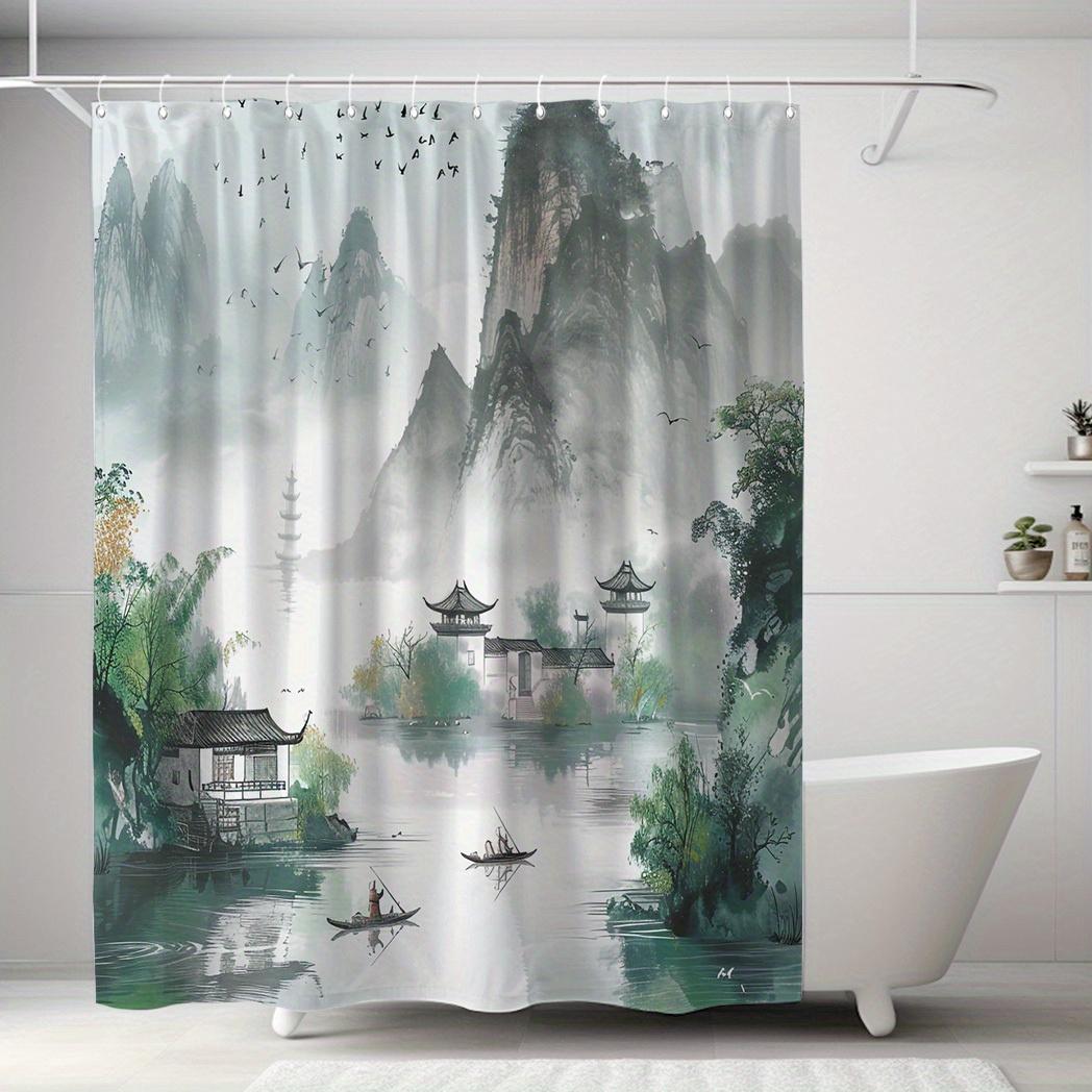 

71x71 Water-Resistant Polyester Shower Curtain - Chinese Ink Landscape, Machine Washable, 12 Hooks, Asian Art Design W90XH180cm