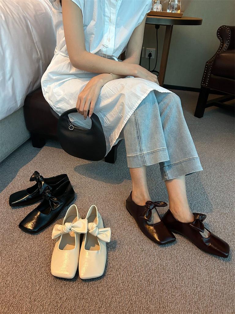 Fashion IPPEUM Women Elegant Leather Mary Jane With Square Toe With Bow Brown Ballet Flats