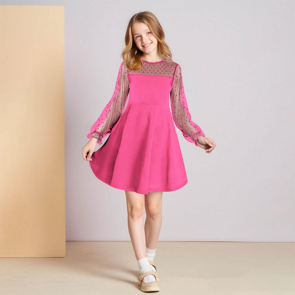 CUHK Mädchen Spitze Langarm Farbe Niedliches Prinzessinnenkleid