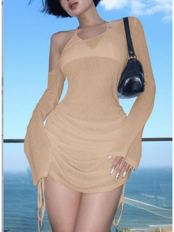 2025 Spring/Summer Women s Sexy Asymmetrical Neckline Beach Bodycon Dress Medium хаки