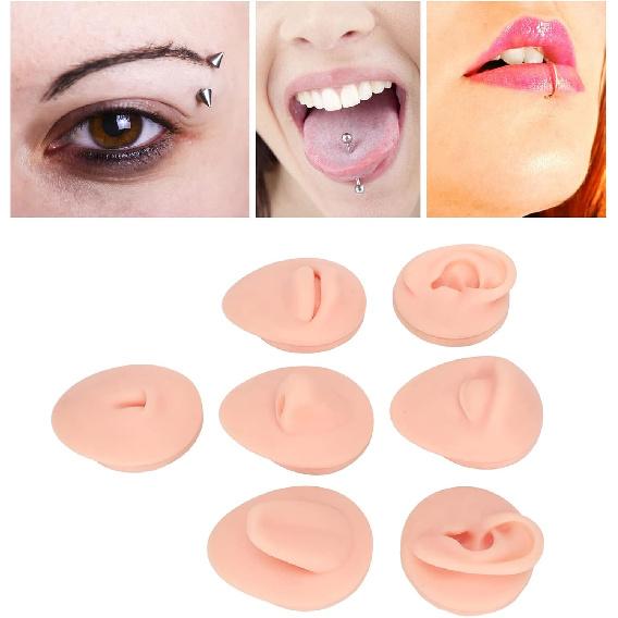 Soft Silicone Flexible Model Body Part, Silicone Nose Tongue Mouth Eye Navel Ear Model Fake Ear with 2 Base for Piercing Practice Acupuncture and