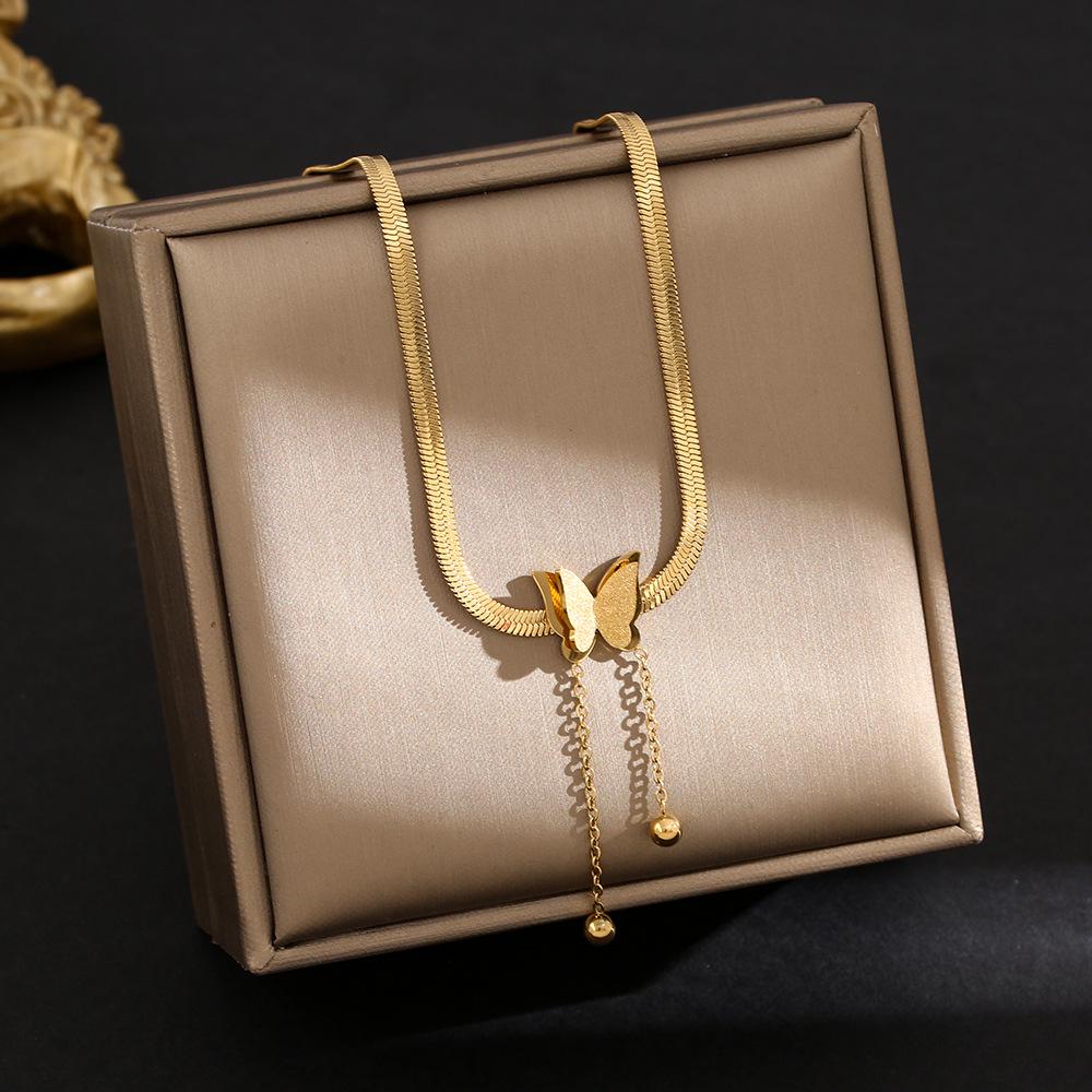 Korean Butterfly Tassel Luxury Diamond Titanium Steel Necklace - Women's Versatile Clavicle Jewelry