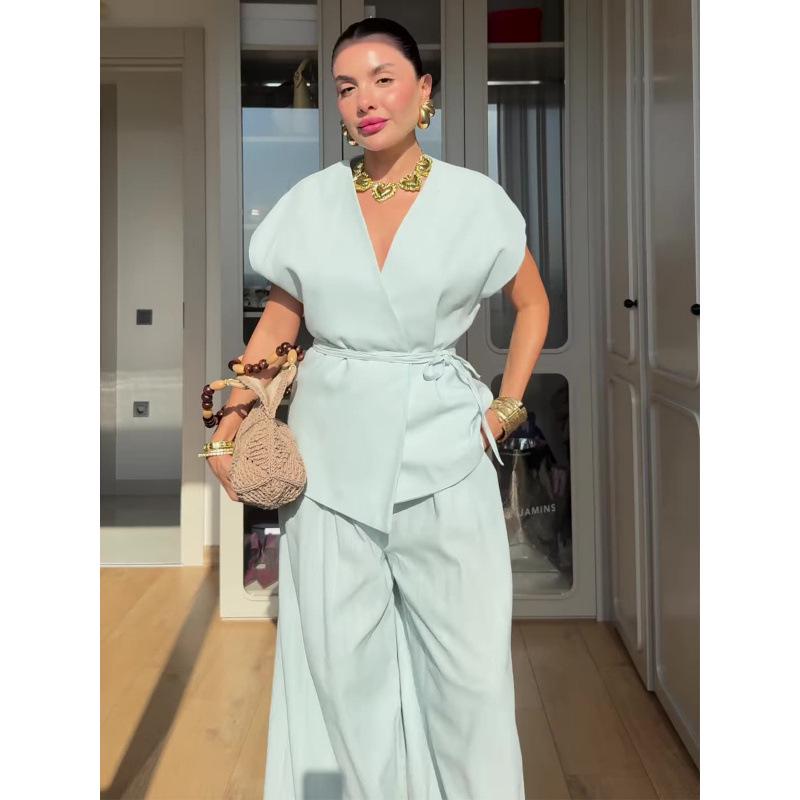 2025 Summer European & American Casual V-neck Short-sleeve Long Pants Fashion Set