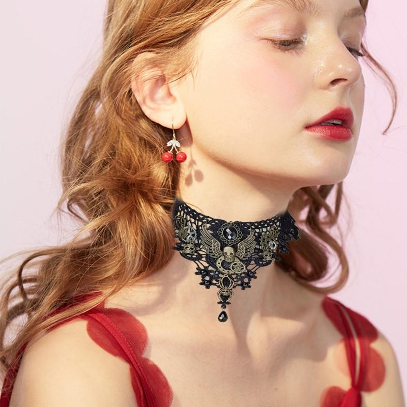 Gothic Lace Floral Choker for Women Choker Handmade Collar with Skull Gears Wing for Bachelorette Party Wedding