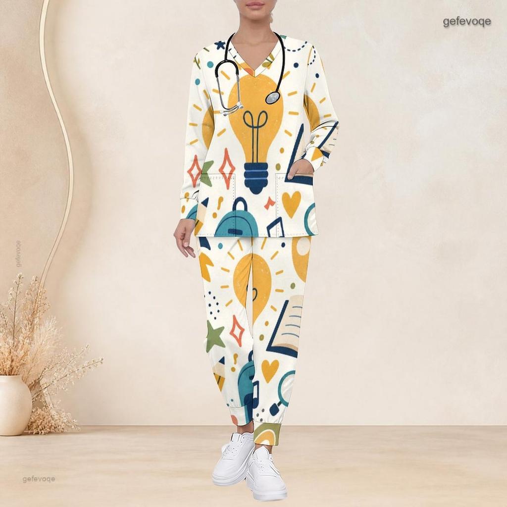 Women Plus Size V Neck Long Sleeve Scrub Set Leopard Heart Feather Boho Art Print Nurse Uniform Set