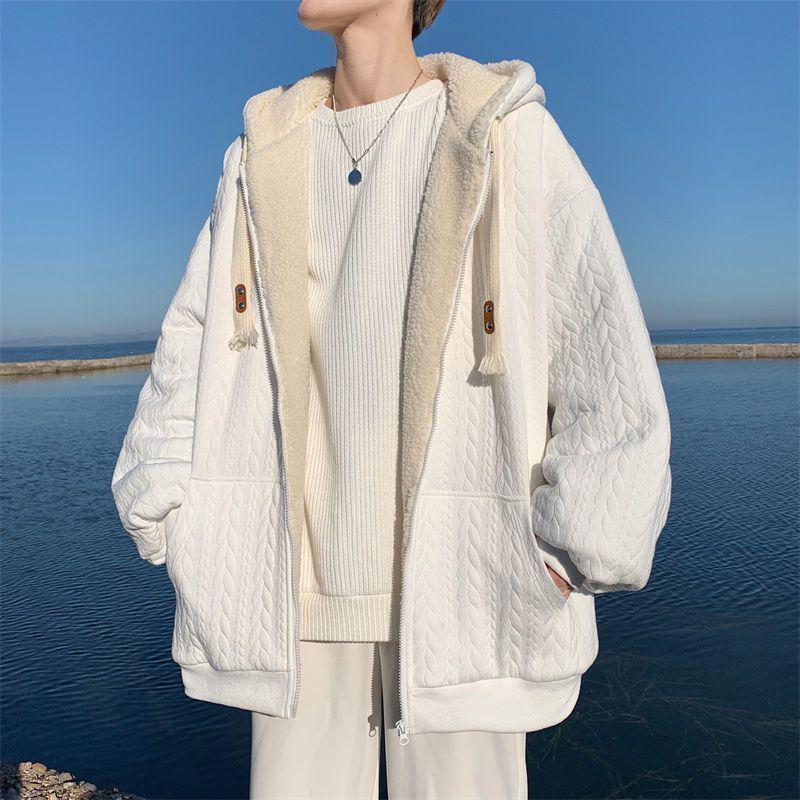 Men's Trendy Lambswool Jacquard Winter Coat - Warm Hooded Plush Cotton Jacket for Teens