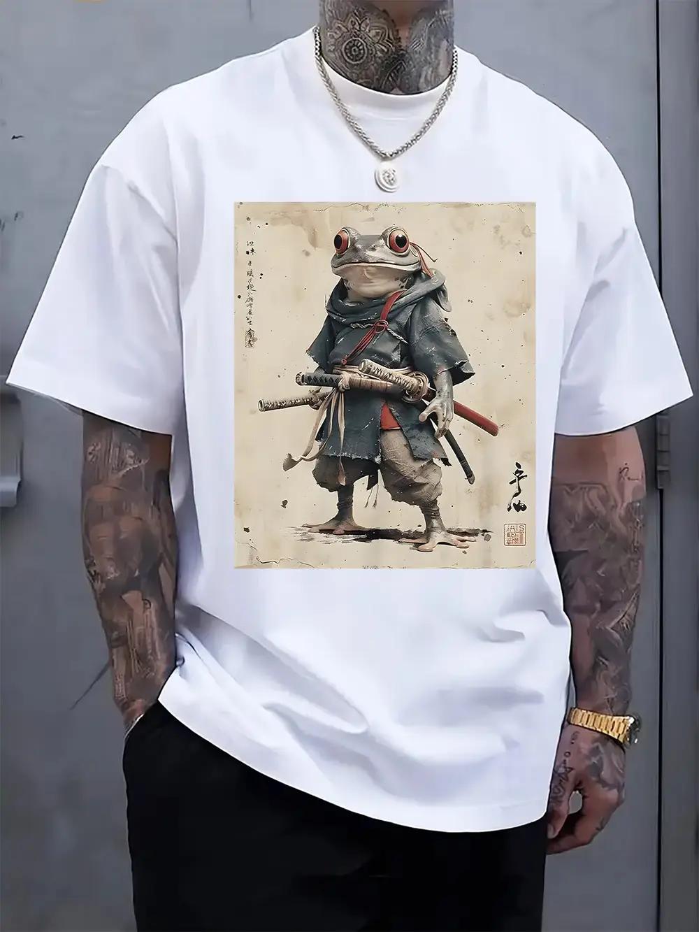 Casual Crew Neck Short Sleeve T-shirt with Samurai Frog Print - Regular Fit XXXL