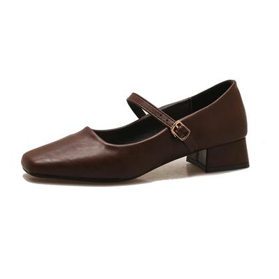 2024 French Mary Jane's Shoes Women Pumps Spring Autumn Medium Heel Thick Square Toe Loafers Button Shallow Black Brown Women Heels