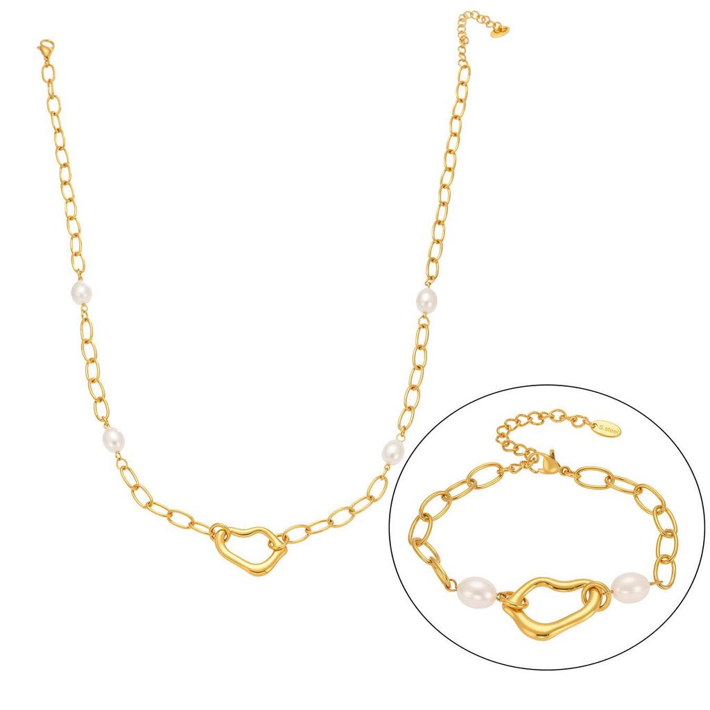 18K Gold Plated Irregular Heart Gel Bead Clavicle Bracelet & Niche Titanium Steel Jewelry Set by Qiong Yao Design