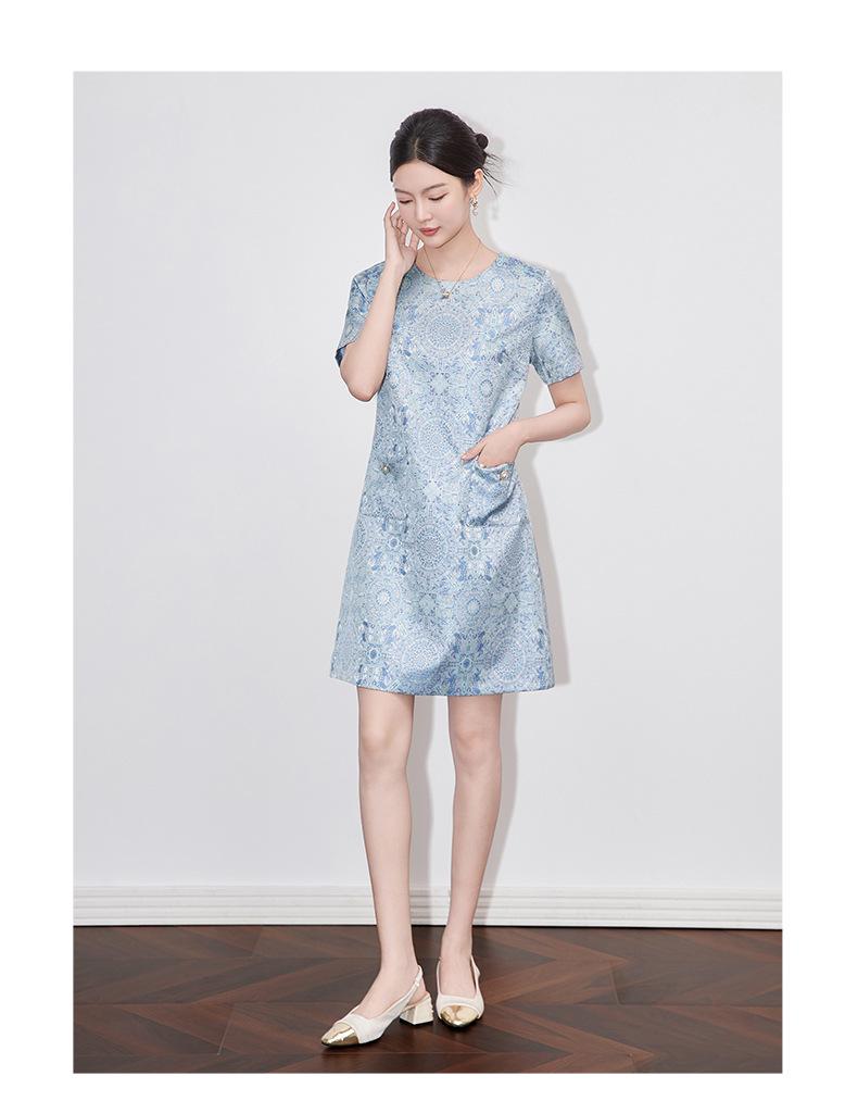 Chinese Gold Silk Jacquard A-Line Dress: Elegant Short Sleeve, Slimming, High Quality Women's Summer Style