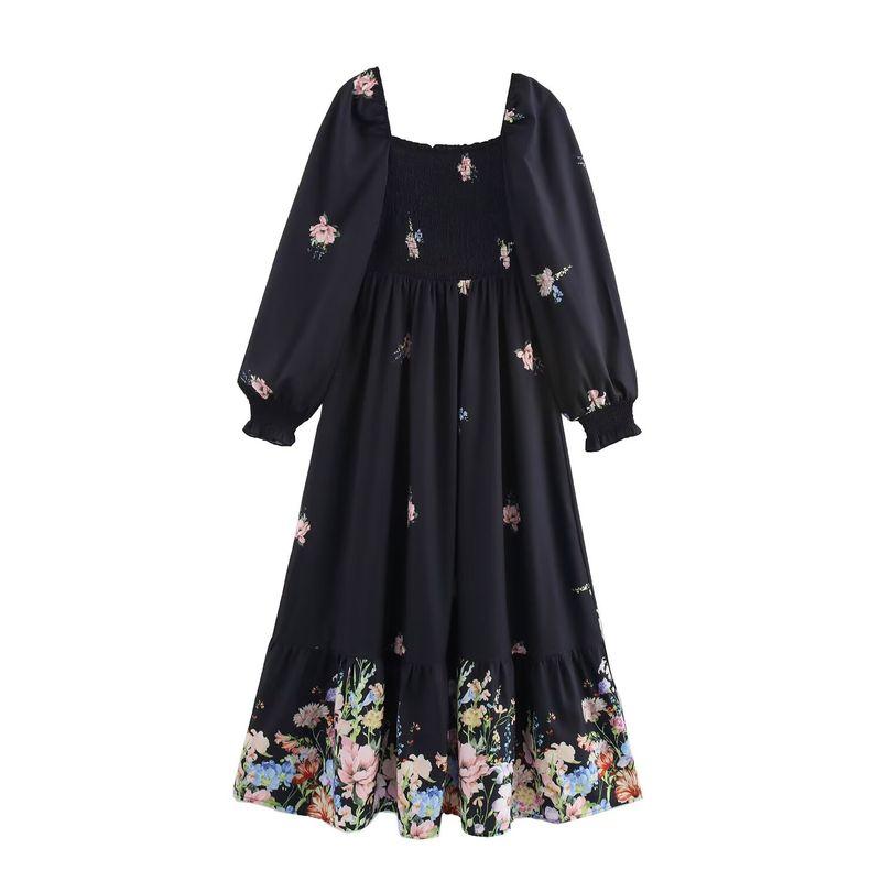 

Kaslead New Arrival Women s Clothing Fashion Style Fashion Minimalist Loose Smocking Print Waist-Slimming Long Dress Color L