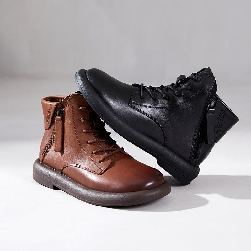 First-layer Cowhide Martin Boots Women's Autumn and Winter 2025 New Flat-bottomed Velvet Double Zipper Cowhide Women's Short Boots