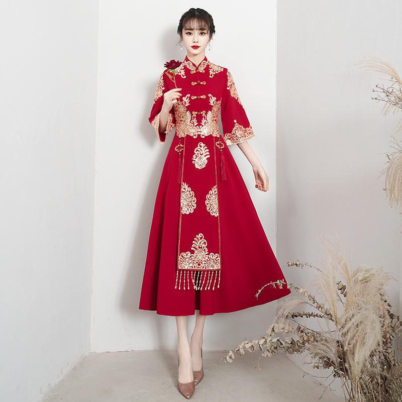 2025 High-End Red Chinese-Style Bridal Qipao Xiuhe Dress with Long Sleeves