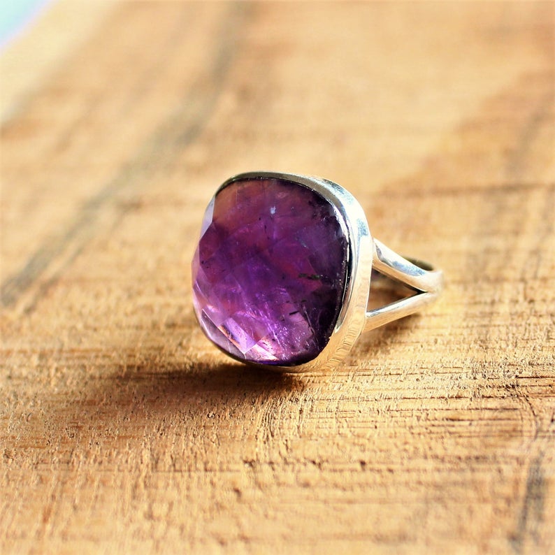 Faceted Amethyst Ring, 925 Sterling Silver Ring, Oval Gemstone Boho Ring, Handmade Jewelry, Gift For her, Valentine's Day Gift,