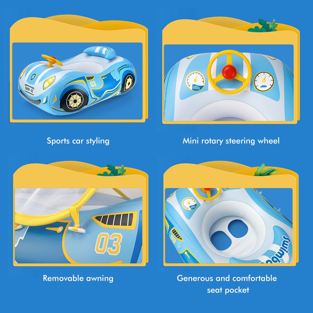 Baby Inflatable Pool Float with Canopy Car Shaped Baby Swim Float with Safty Seat Steering Wheel Horn for Infant Summer