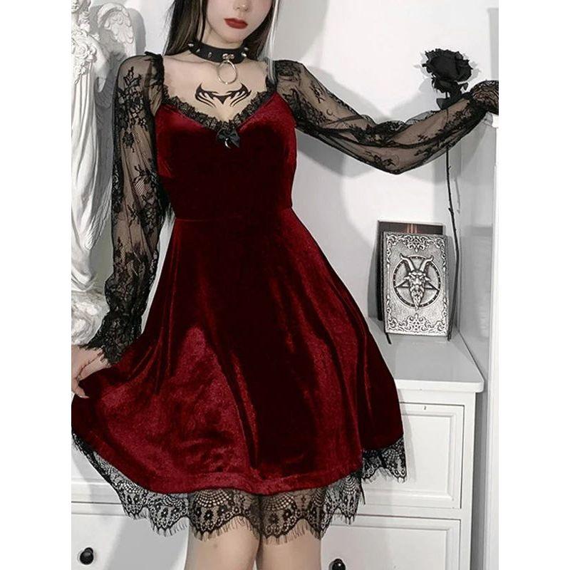 Lace Patchwork Ruffle Edge Dress Lace Stitching Frill Long Sleeve Dress