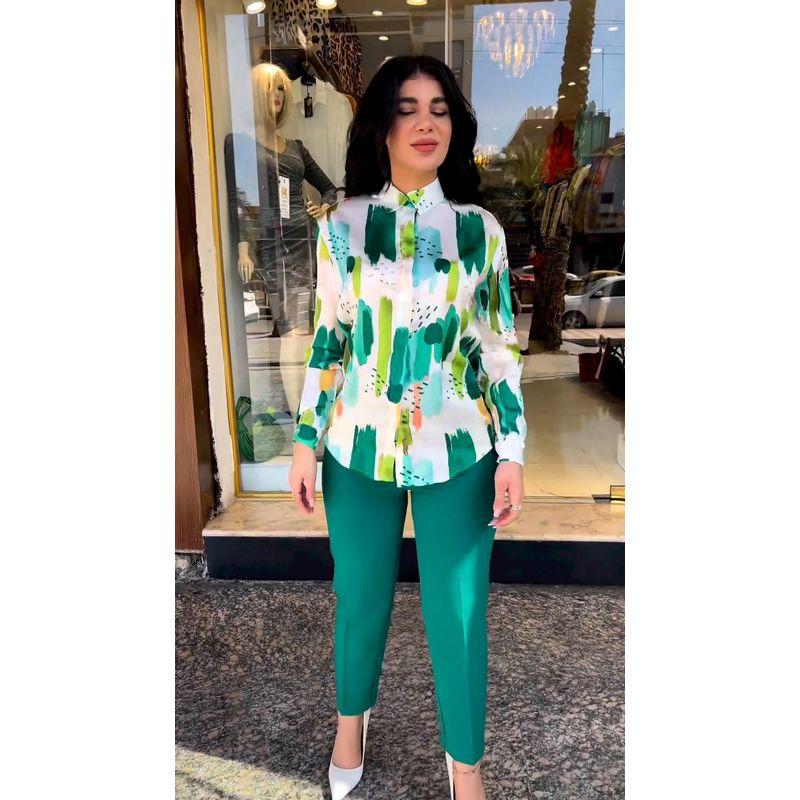 

Printed Shirt Pant Set Fashion Temperament Long sleeve Single-Breasted Shirts High Waist Skinny Pants Set Green Print Tops + Green Skinny Jeans XXL