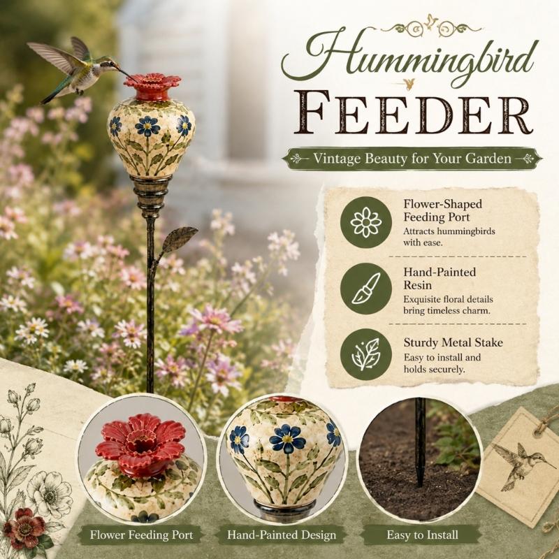 Plant-Themed Nectary-Bird Station with Pointed Ground Stake, Decorative Food or Water Point for Outdoor Lawn Placement