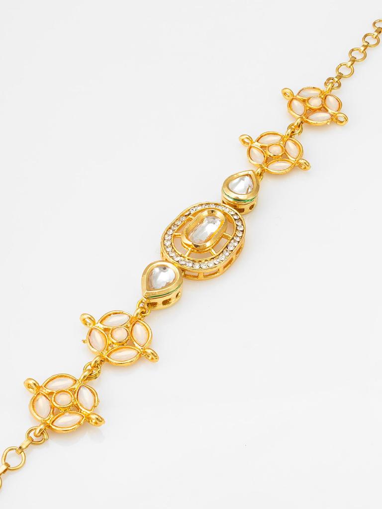 Gold-Plated White Stone-Studded & Beaded Handcrafted Bracelet