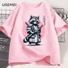 Fight Me Coward Vintage Samurai Raccoon T Shirt Japanese Cat Funny Graphic T-shirt Cotton Short Sleeve O Neck Tees Mens Clothing