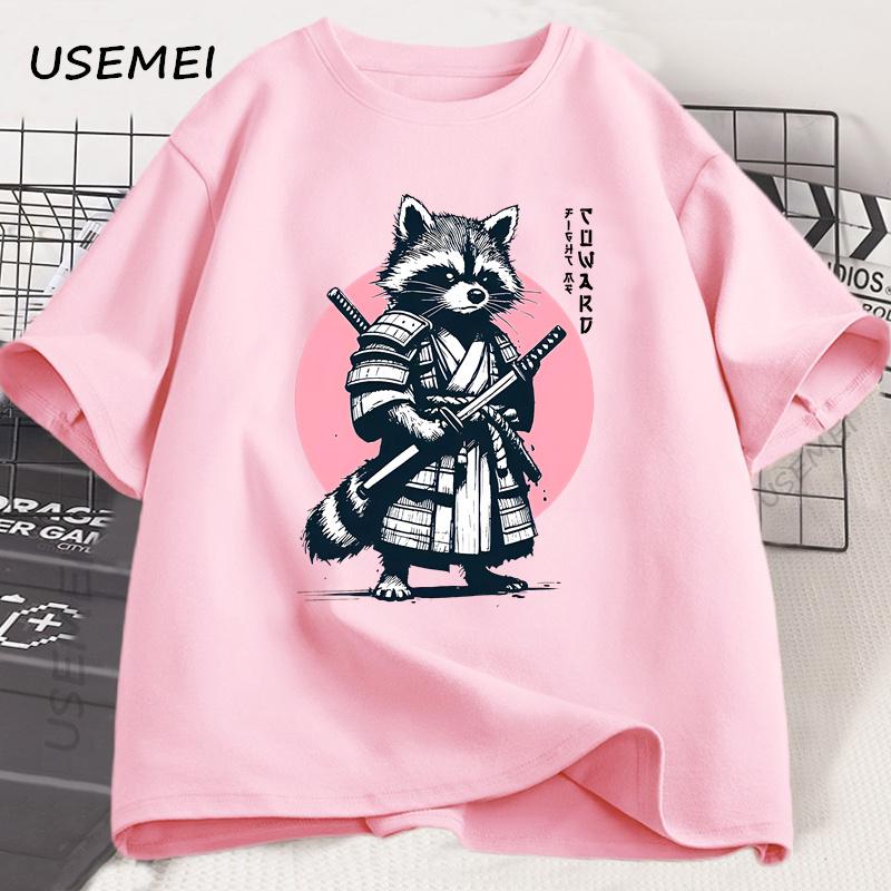 Fight Me Coward Vintage Samurai Raccoon T Shirt Japanese Cat Funny Graphic T-shirt Cotton Short Sleeve O Neck Tees Mens Clothing