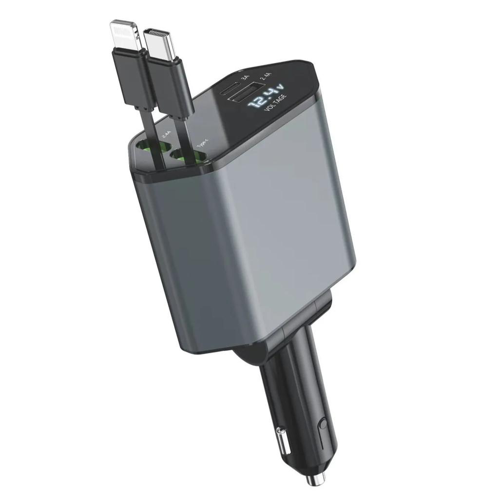 120W Metal Car Charger Super Fast Charging with Digital Display 4 Port Retractable Cable Multifunctional USB C Vehicle Charger
