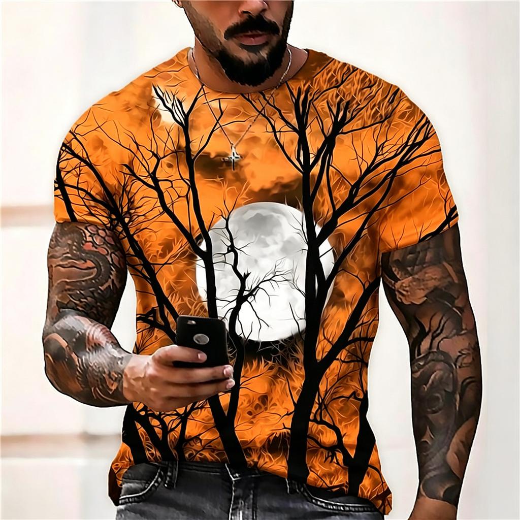 Men's Casual Printed Short Sleeve T Shirt Lightweight Breathable Crew Neck Tee Halloween Theme Graphic Design