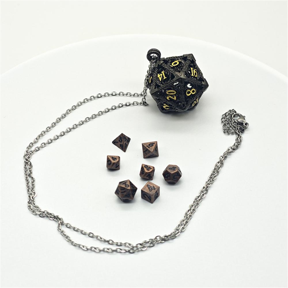 Mini 6MM Metal Flying Dragon Skeleton Dice Necklace D20 Metal Hollow Box+7pcs Metal Dice Pendant Set Portable Board Game Dice