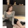 2025 Women's Slimming Solid Color Long Sleeve Cropped Top - Korean Simple Design for Autumn
