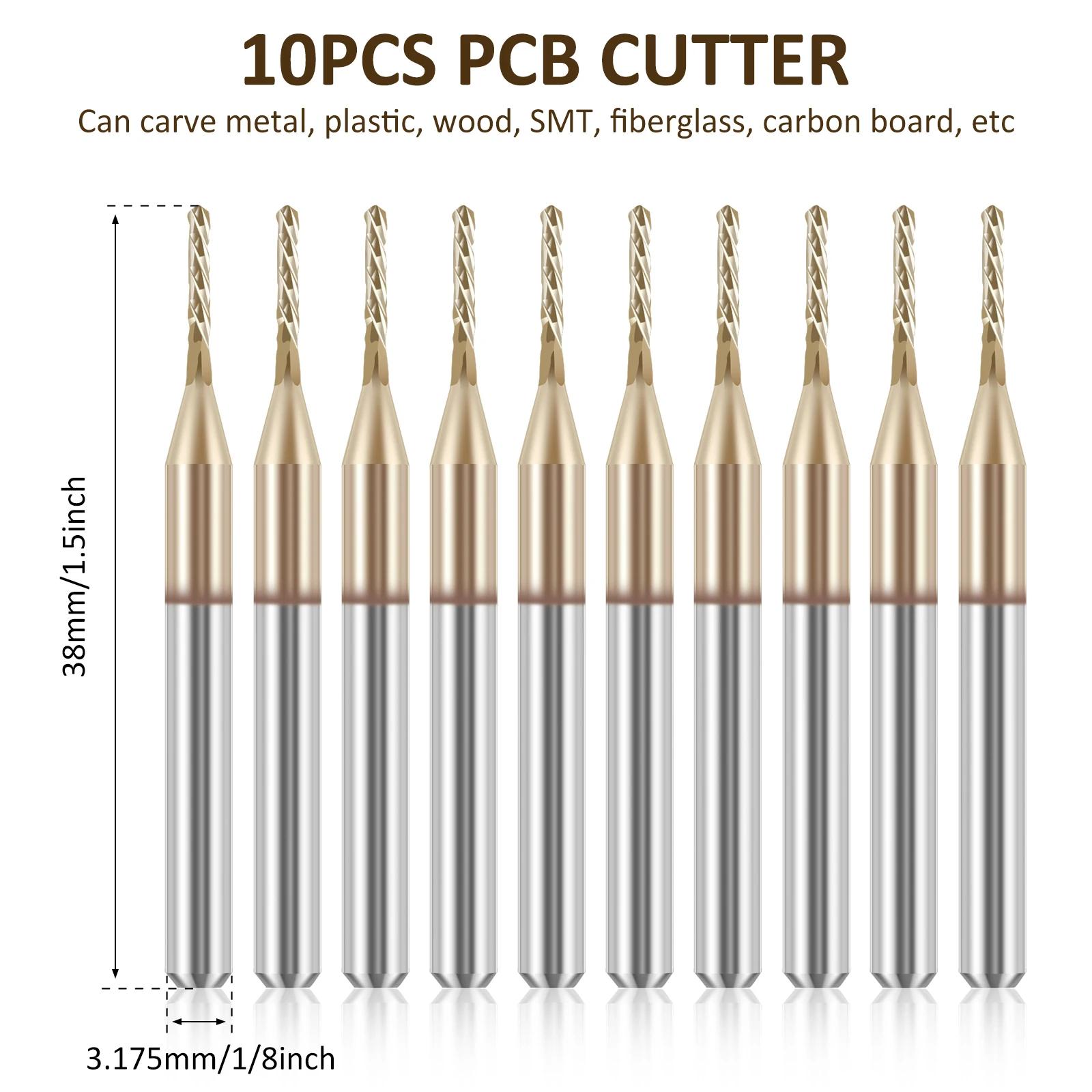 

Набор из 10 фрез для печатных плат, 0,04-дюймовая фреза для фрезерного станка с ЧПУ из быстрорежущей стали, высокая твердость, хвостовик 1/8 дюйма, фреза для гравировки печатных плат 10pcs
