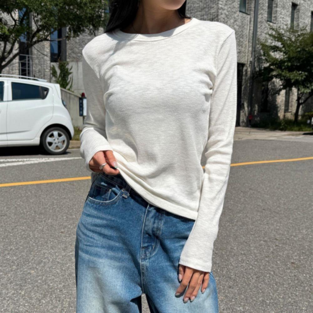 New Arrivals Open Run Women Modal Basic Fit Round Neck Long Sleeve Ribbed Tshirt