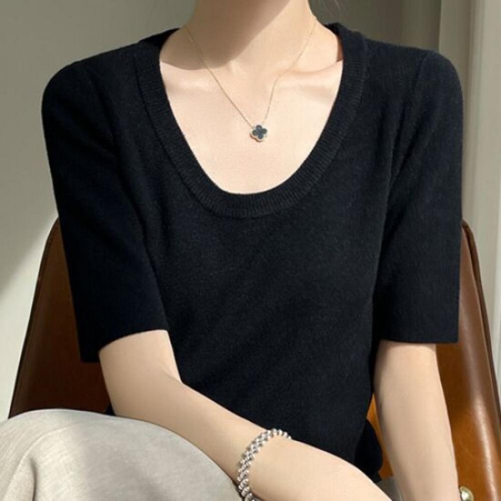Navava Unisex Simple Daily U Neck 5 Short Sleeve Knit Nk2078