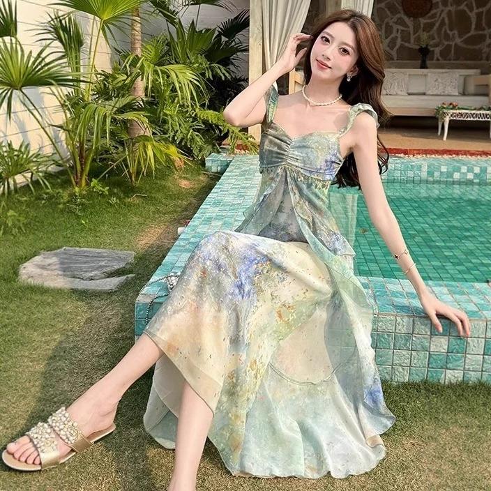 French fashion dress women's summer summer drape thin floral suspender skirt design seaside vacation style long dress