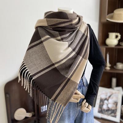 Scarf Women'S Autumn And Winter New Style Large Grid Tassel Imitation Cashmere Scarf Fashion Warm Shawl Neck