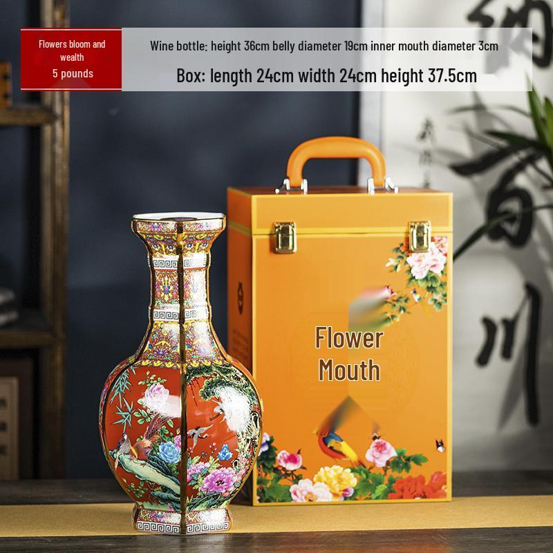

Blooming Wealth Ceramic Display Wine Jar, 5 Jin Capacity, Sealed Gift Box, Imitation Vase Style.