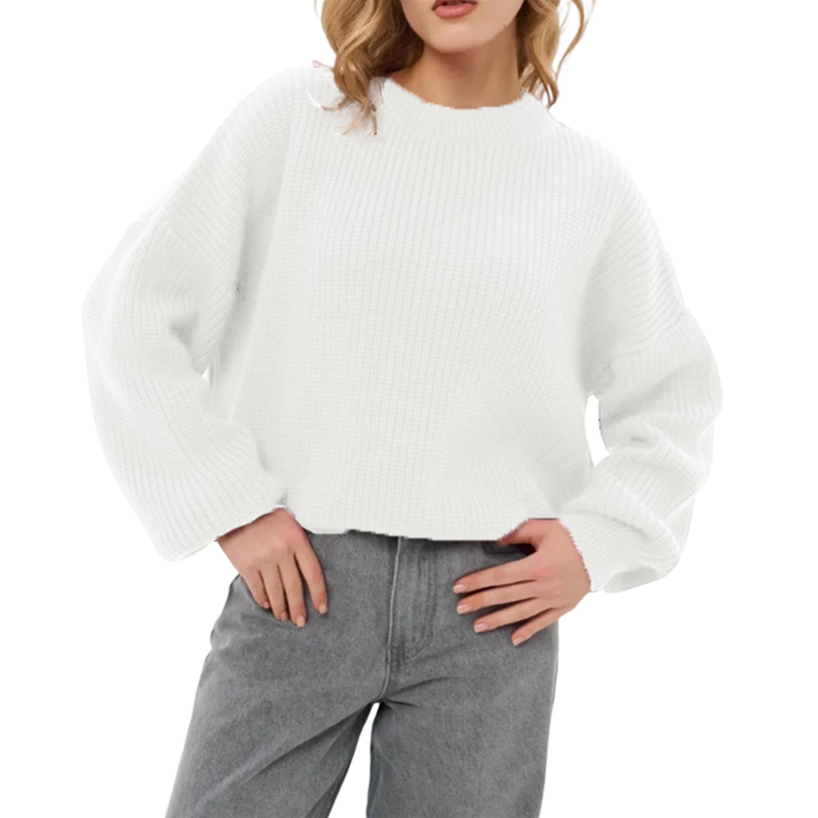 

Women s Loose Solid Color Short Round Neck Pullover Long Sleeve Knit XL білий