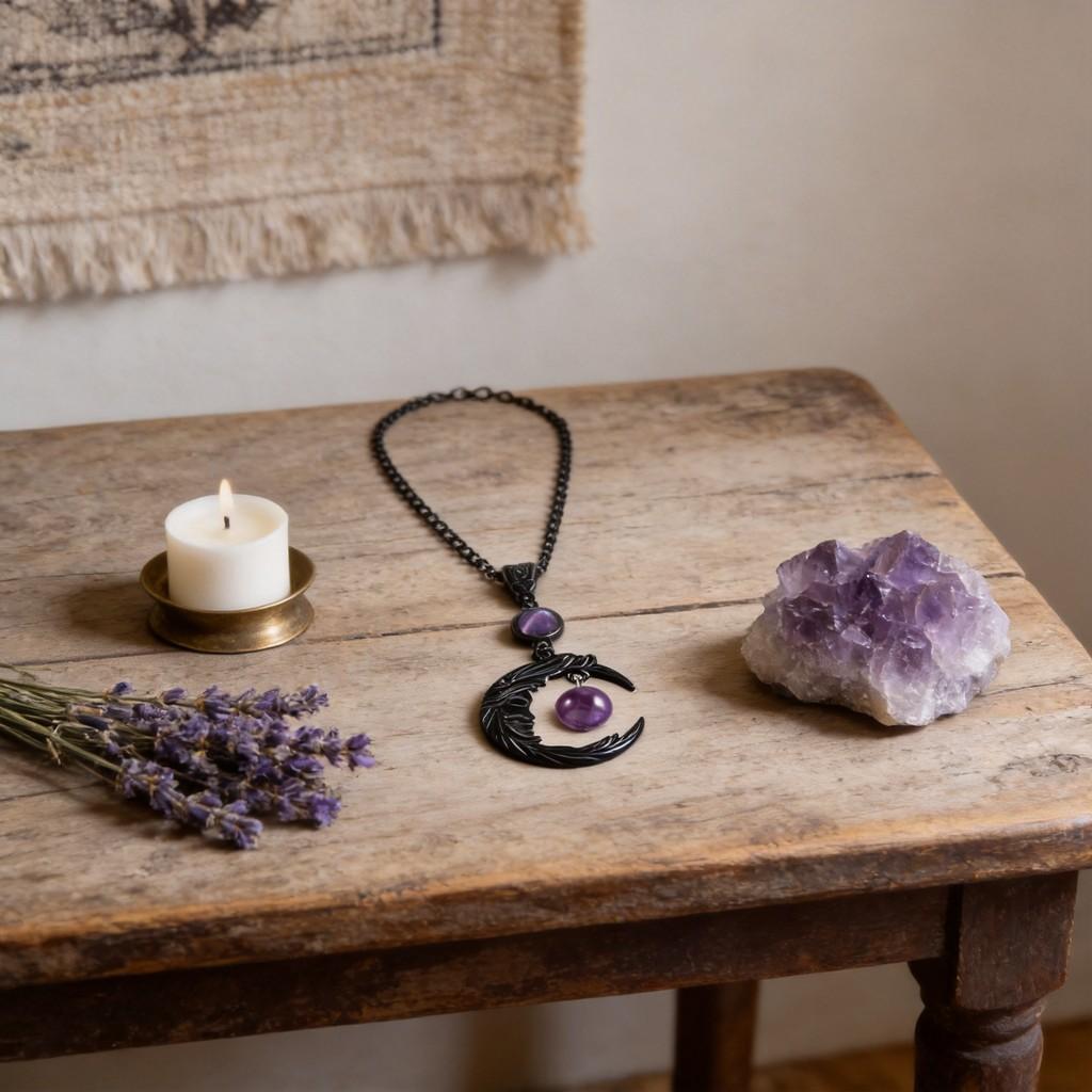 Gothic Style Natural Amethyst Moon Goddess Pendant Necklace For Women