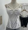 American Spicy Girl Lace PU Leather Patchwork See-Through Camisole with Chest Pads and Shirred Back Top
