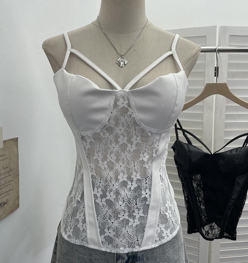 American Spicy Girl Lace PU Leather Patchwork Camisole with Chest Pads and Shirred Back (1375) One Size белый