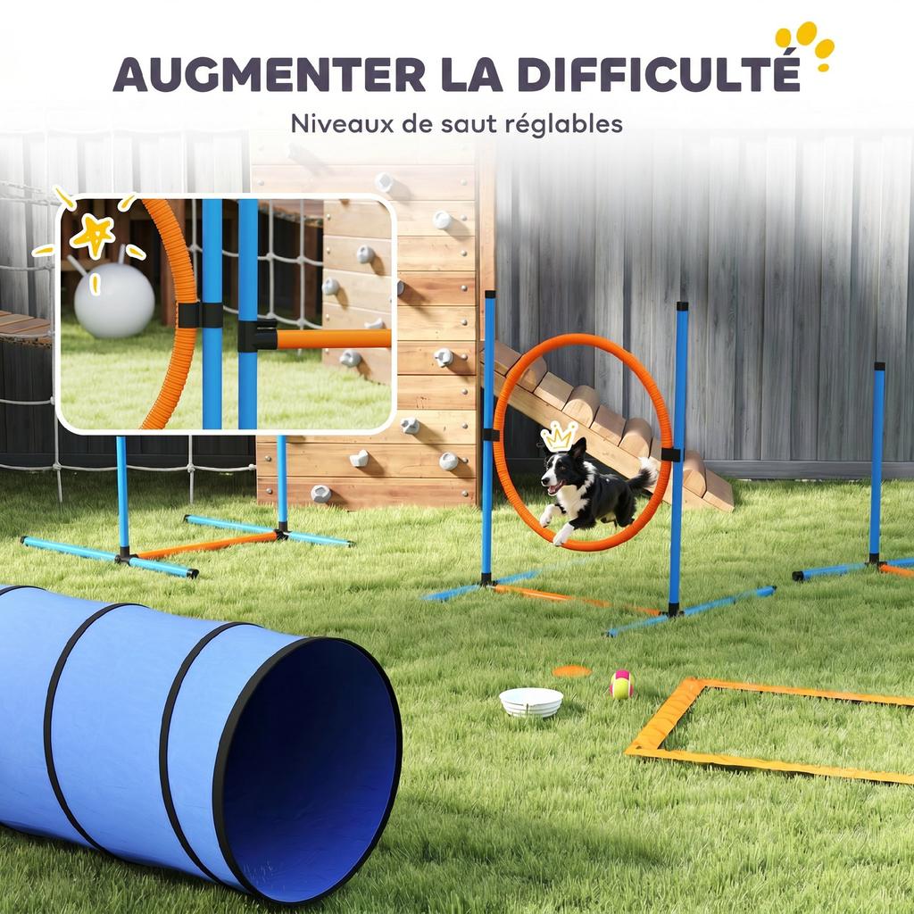 Dog Agility Set, 8-Piece, Tunnel, Slalom, Adjustable Jumps, Carry Bag, 350 x 68 x 70 cm, Orange