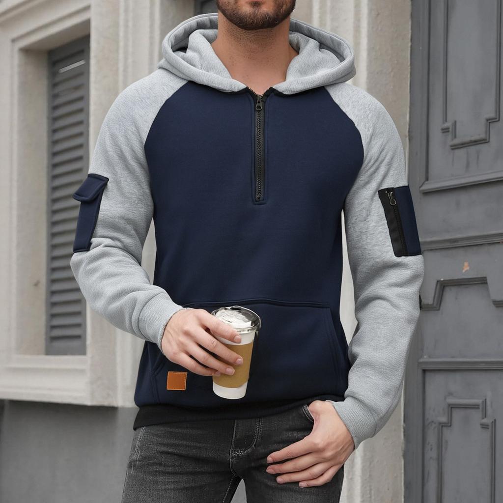 Mens  Pullover Long Sleeve Hoodies Color Block Sweatshirt Fashion Hoodies With Pockets