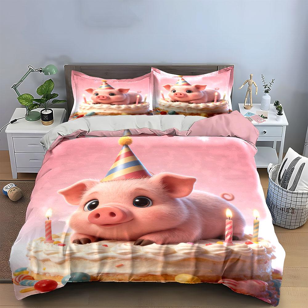 Cute Birthday Pig Decoration Set Soft Comfortable Duvet Cover Bedding Set Included 1*Duvet Cover & 2*Pillowcases, Gift