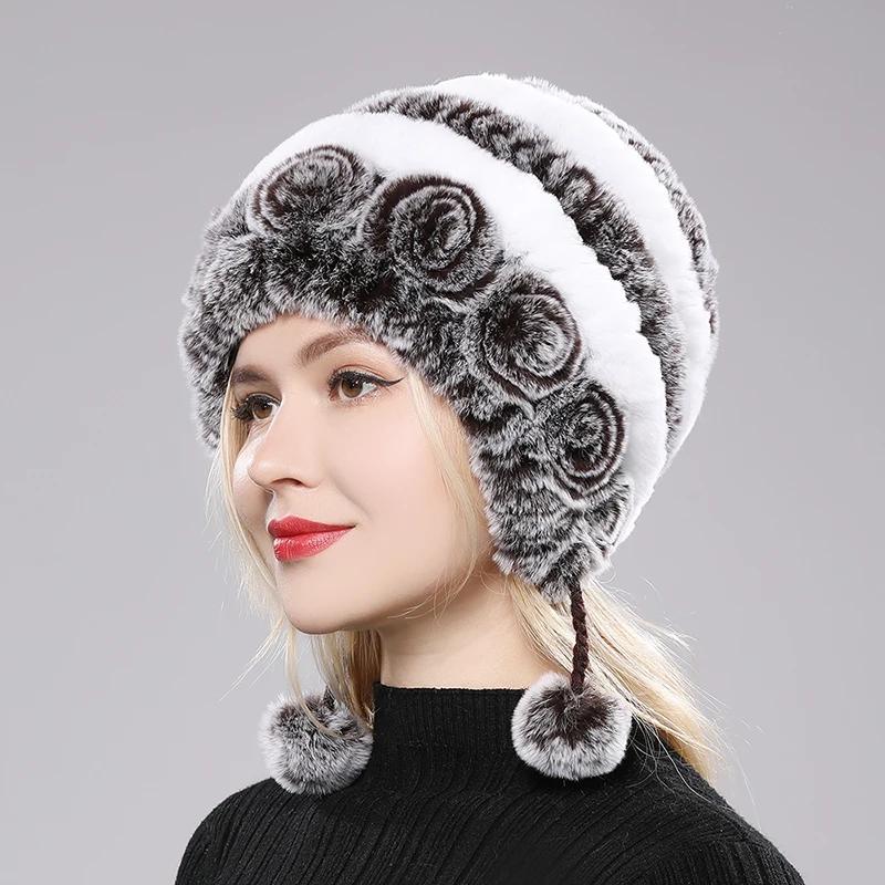 Winter Women's Natural Stripe Flower Rex Fur Rabbit Women